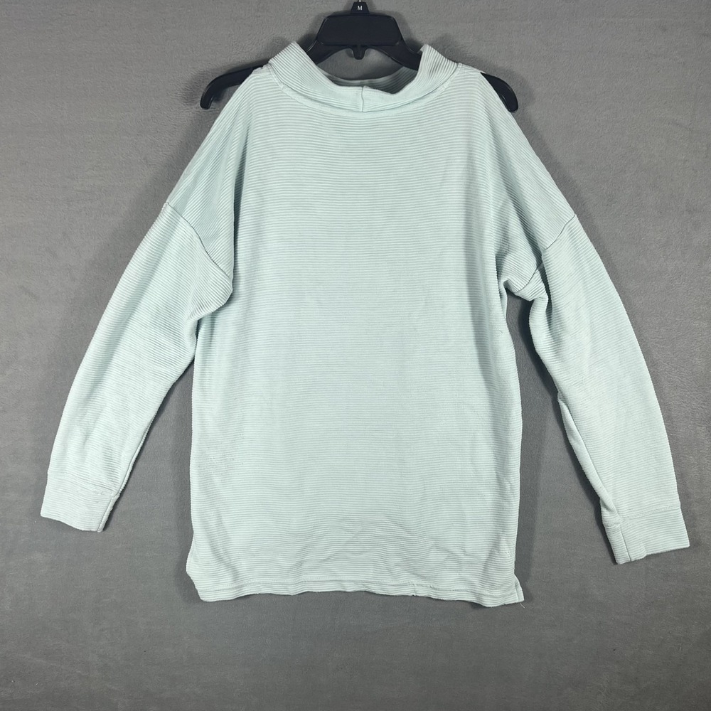 Women's Ribbed Mock Neck Pullover Top Size M Light Blue Green Long Sleeve Casual
